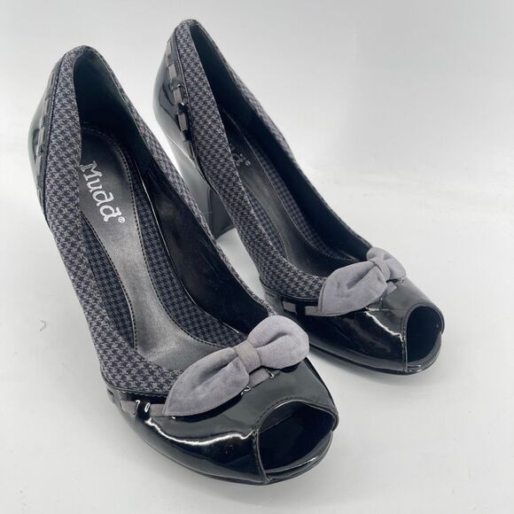 Black MUDD Chunky Heel Vintage Y2K Houndstooth Peep Toe Pumps Size 9 - Picture 2 of 14